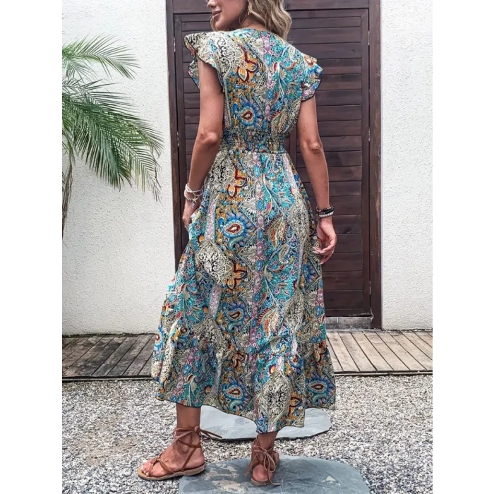 Kadın Kısa Kollu Kruvaze Yakalı Desenli Maxi Elbise