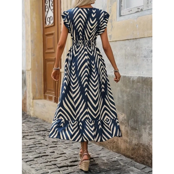 Kadın Kısa Kollu Kruvaze Yakalı Fırfırlı Süprem Elbise