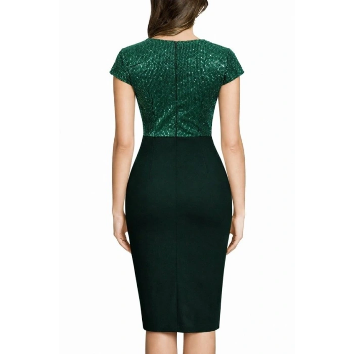 Kadın Kısa Kollu Kruvaze Yakalı ışıltı Detaylı Midi Ithal Krep Elbise