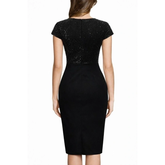 Kadın Kısa Kollu Kruvaze Yakalı ışıltı Detaylı Midi Ithal Krep Elbise