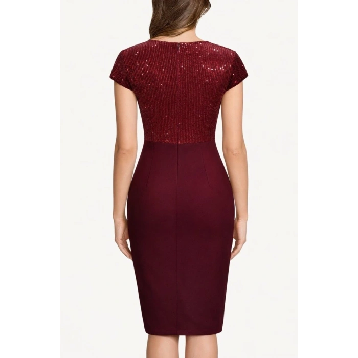 Kadın Kısa Kollu Kruvaze Yakalı ışıltı Detaylı Midi Ithal Krep Elbise