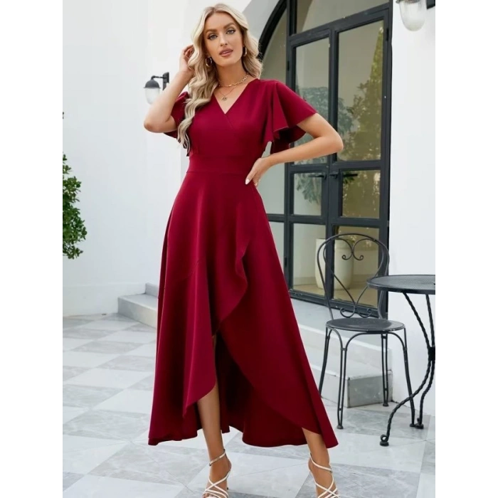 Kadın Kısa Kollu Kruvaze Yakalı ön Asimetrik Volanlı Uzun Ithal Krep Elbise