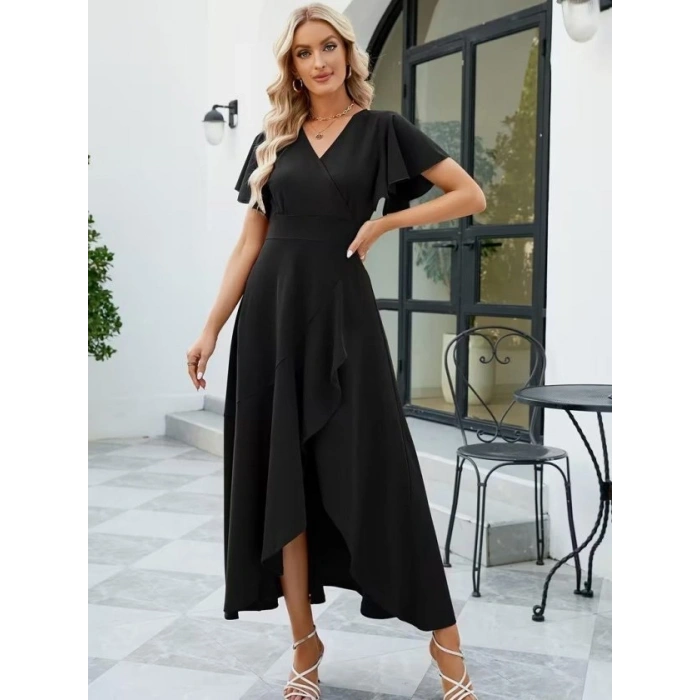 Kadın Kısa Kollu Kruvaze Yakalı ön Asimetrik Volanlı Uzun Ithal Krep Elbise