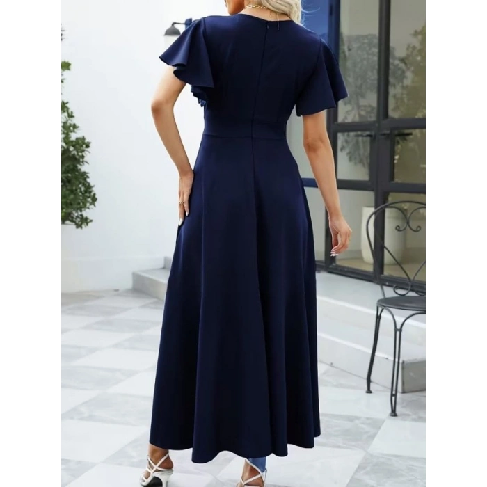 Kadın Kısa Kollu Kruvaze Yakalı ön Asimetrik Volanlı Uzun Ithal Krep Elbise