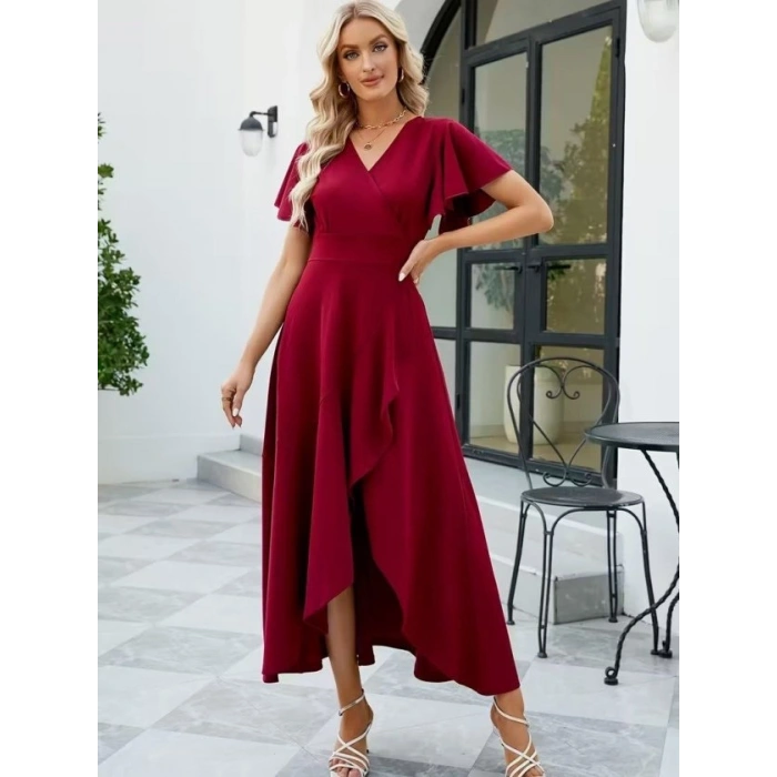 Kadın Kısa Kollu Kruvaze Yakalı ön Asimetrik Volanlı Uzun Ithal Krep Elbise