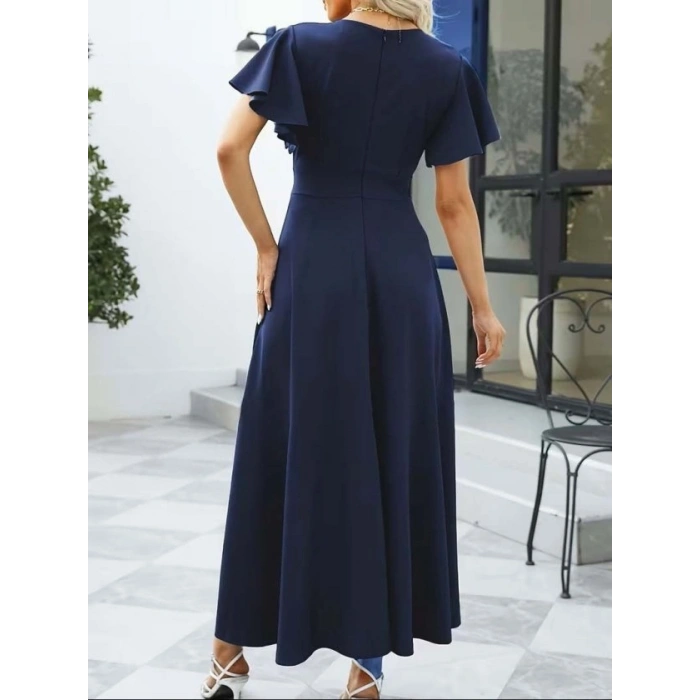 Kadın Kısa Kollu Kruvaze Yakalı ön Asimetrik Volanlı Uzun Ithal Krep Elbise