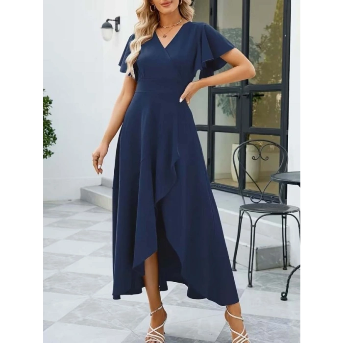 Kadın Kısa Kollu Kruvaze Yakalı ön Asimetrik Volanlı Uzun Ithal Krep Elbise