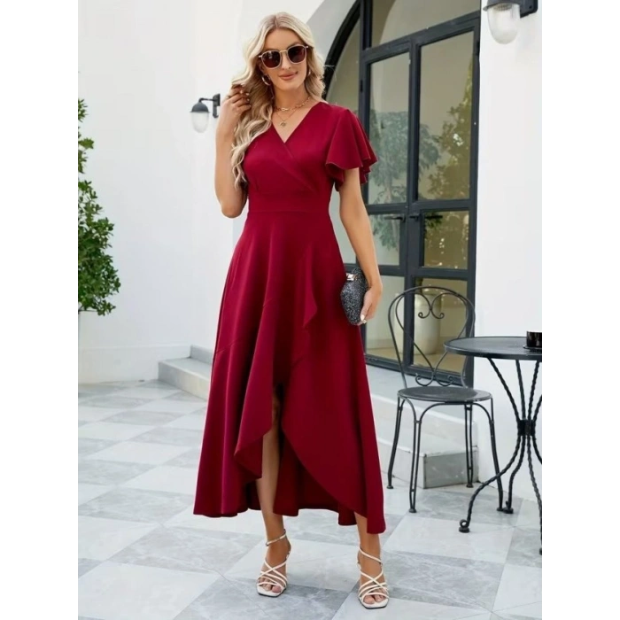 Kadın Kısa Kollu Kruvaze Yakalı ön Asimetrik Volanlı Uzun Ithal Krep Elbise