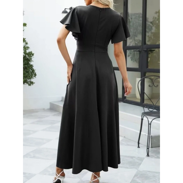 Kadın Kısa Kollu Kruvaze Yakalı ön Asimetrik Volanlı Uzun Ithal Krep Elbise