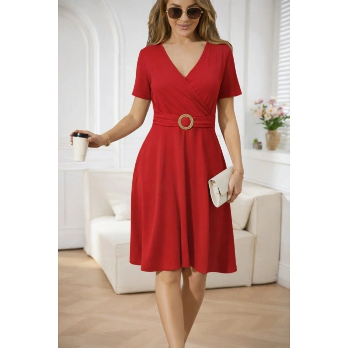 Kadın Kısa Kollu Kruvaze Yakalı önden Toka Detaylı Kısa Viskon Elbise