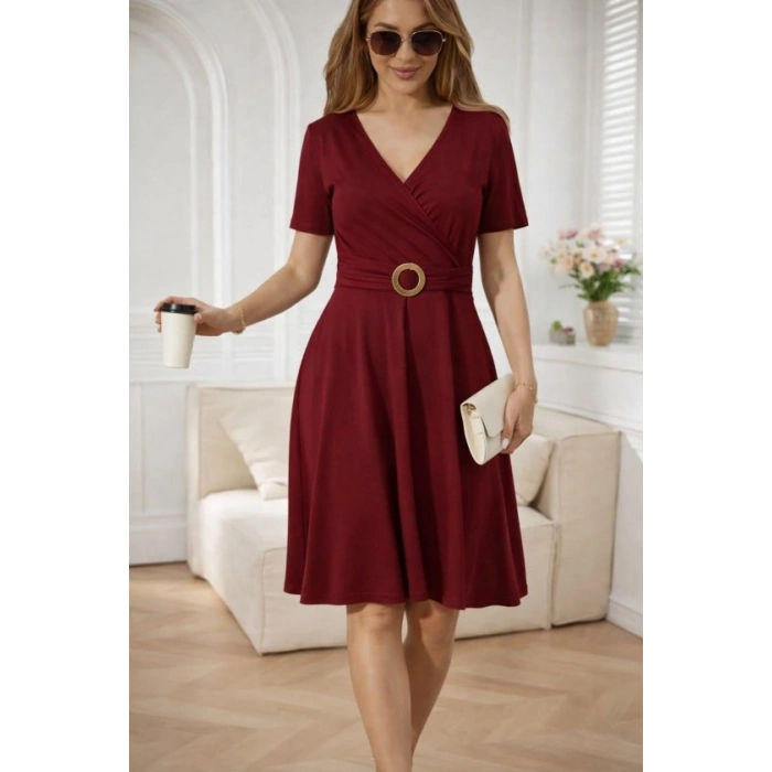 Kadın Kısa Kollu Kruvaze Yakalı önden Toka Detaylı Kısa Viskon Elbise