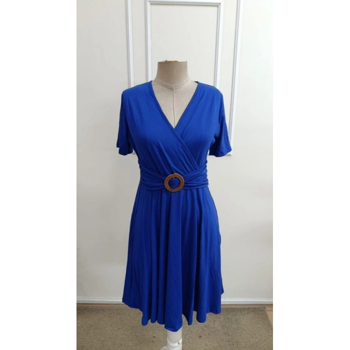 Kadın Kısa Kollu Kruvaze Yakalı önden Toka Detaylı Kısa Viskon Elbise