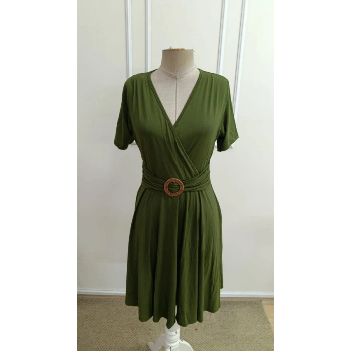 Kadın Kısa Kollu Kruvaze Yakalı önden Toka Detaylı Kısa Viskon Elbise