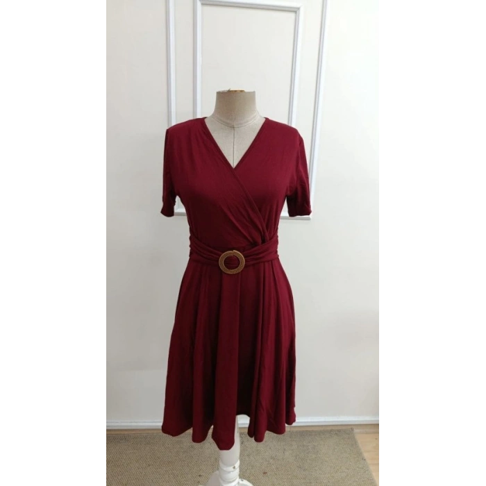 Kadın Kısa Kollu Kruvaze Yakalı önden Toka Detaylı Kısa Viskon Elbise