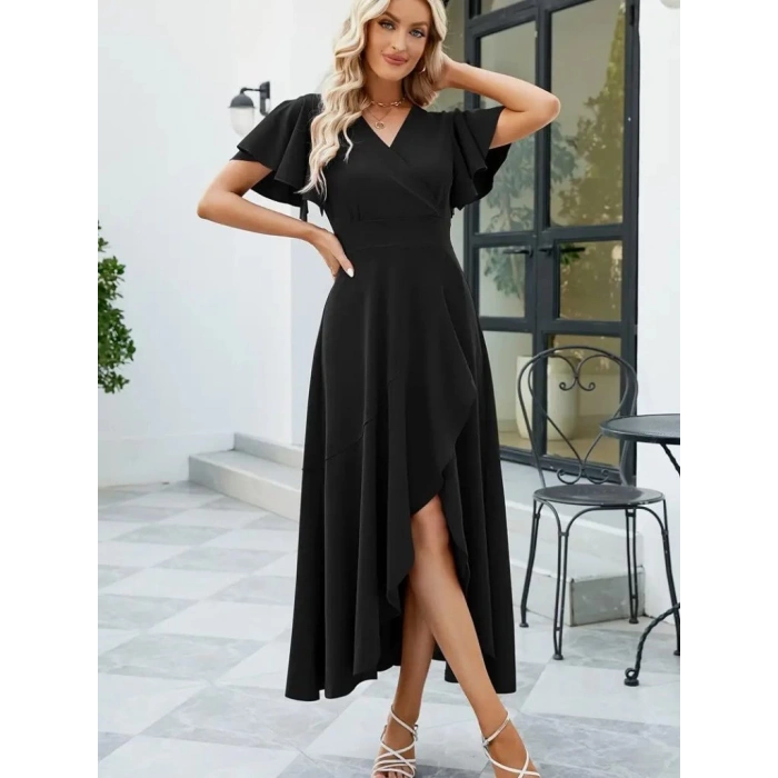 Kadın Kısa Kollu Kruvaze Yakalı önden Volanlı çapraz Kesim Detaylı Maksi Boy Ithal Krep Elbise