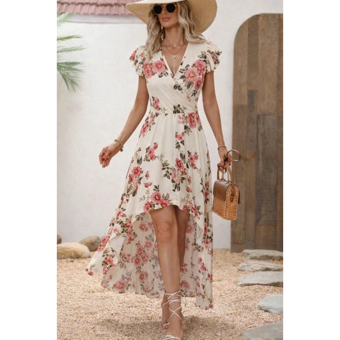 Kadın Kısa Kollu Kruvaze Yakalı önü Asimetrik Detaylı Uzun çiçek Desenli Süprem Elbise