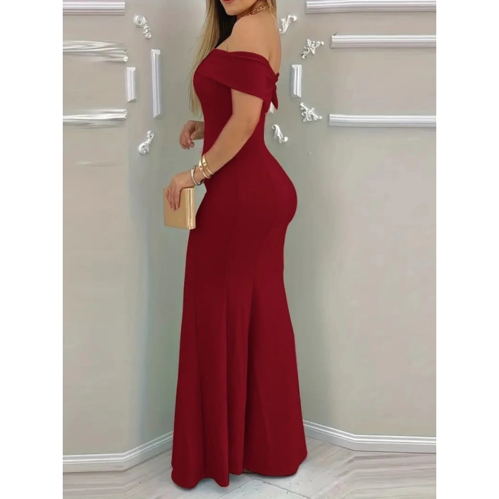 Kadın Kısa Kollu Madonna Yaka Belden Oturtmalı Uzun Ithal Krep Elbise