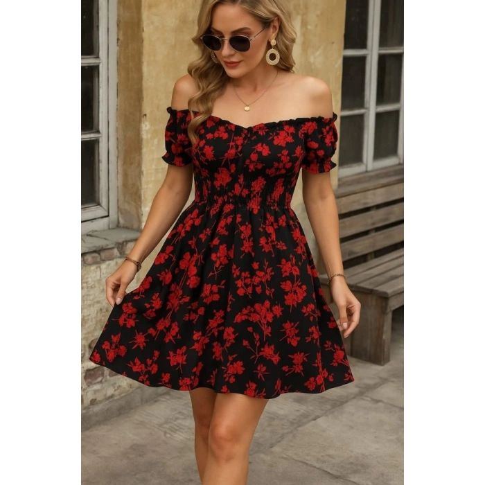 Kadın Kısa Kollu Madonna Yaka Beli Lastikli çiçek Desenli Kısa Süprem Elbise