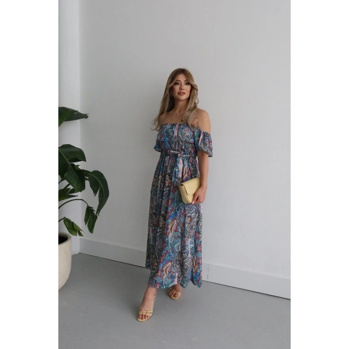 Kadın Kısa Kollu Madonna Yaka Fırfırlı Belden Yırtmaçlı Maksi Süprem Elbise