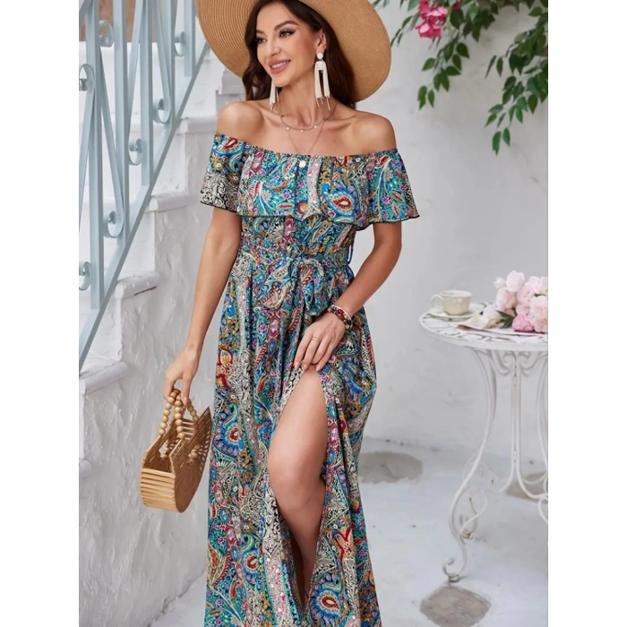 Kadın Kısa Kollu Madonna Yaka Fırfırlı Belden Yırtmaçlı Maksi Süprem Elbise