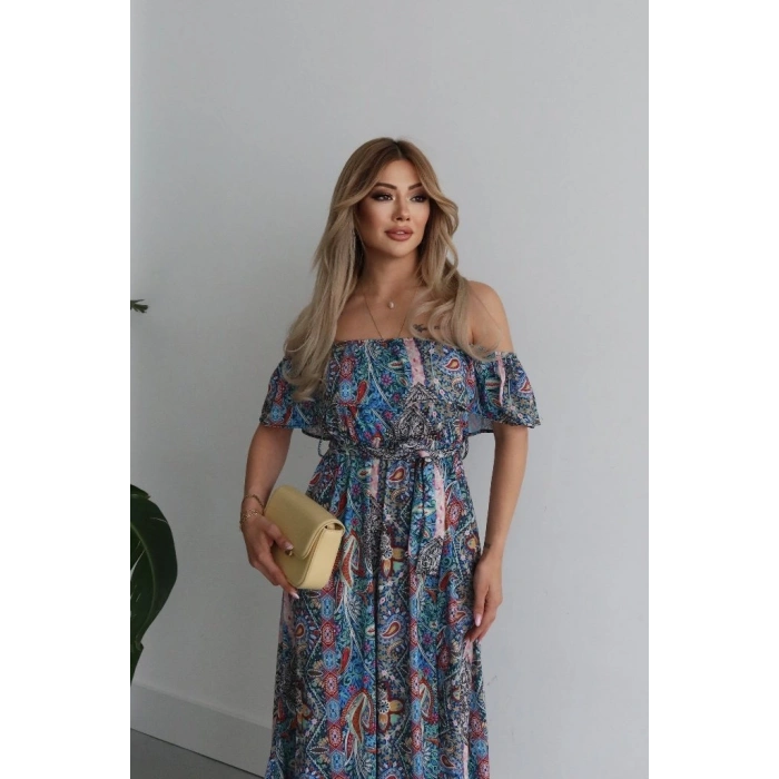 Kadın Kısa Kollu Madonna Yaka Fırfırlı Belden Yırtmaçlı Maksi Süprem Elbise
