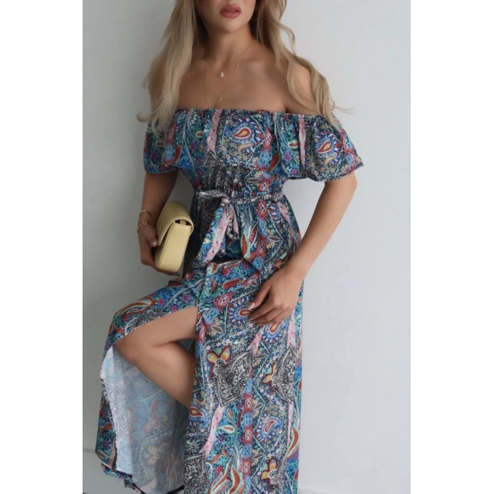 Kadın Kısa Kollu Madonna Yaka Fırfırlı Belden Yırtmaçlı Maksi Süprem Elbise