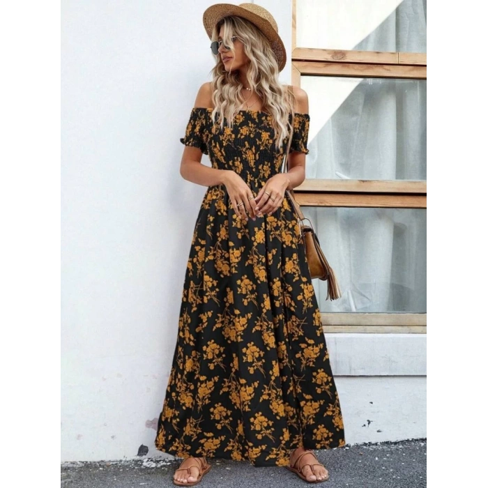 Kadın Kısa Kollu Madonna Yaka Yırtmaçlı çiçek Desenli Süprem Elbise