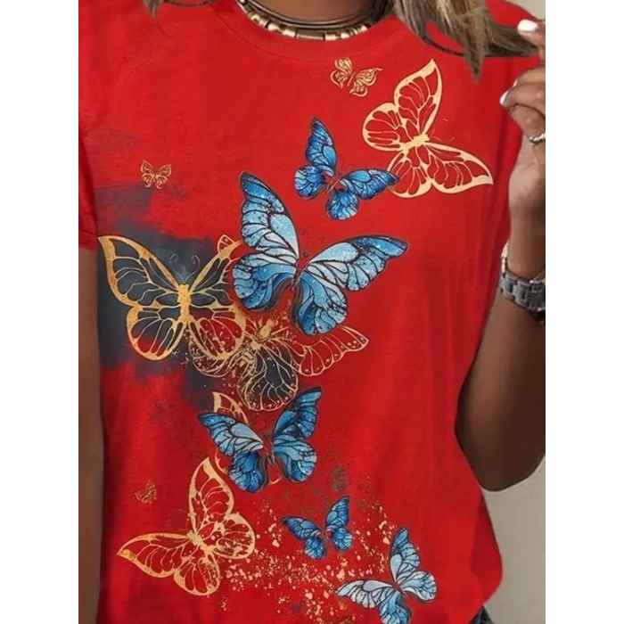 Kadın Kısa Kollu Mavi Sarı Kelebek Baskı Süprem Bluz