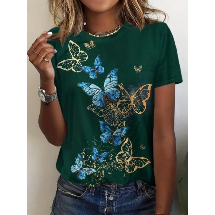 Kadın Kısa Kollu Mavi Sarı Kelebek Baskı Süprem Bluz