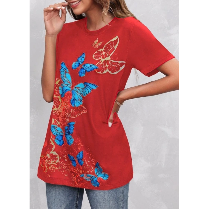 Kadın Kısa Kollu Mavi Sarı Kelebek Baskı Süprem Bluz