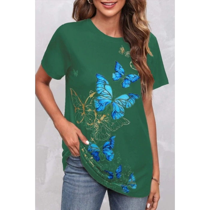 Kadın Kısa Kollu Mavi Sarı Kelebek Baskı Süprem Bluz