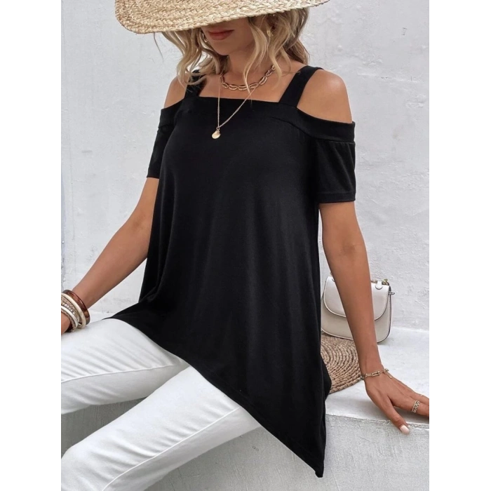 Kadın Kısa Kollu Omuzlardan Açık Askılı Asimetrik Kesim Viskon Bluz