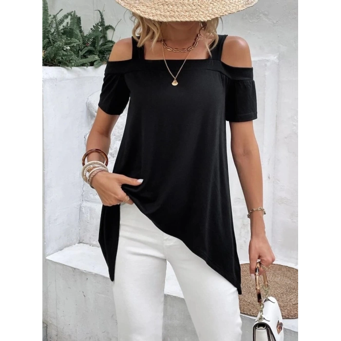 Kadın Kısa Kollu Omuzlardan Açık Askılı Asimetrik Kesim Viskon Bluz
