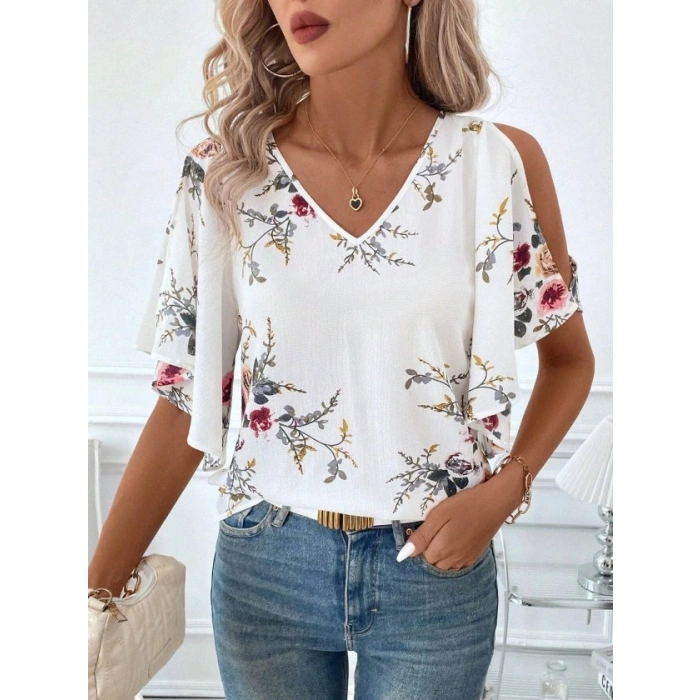 Kadın Kısa Kollu Omuzlardan Açık V Yakalı Desenli Dubai Bluz