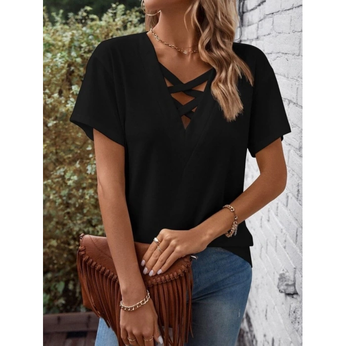 Kadın Kısa Kollu önden çapraz Detay V Yakalı Viskon Bluz