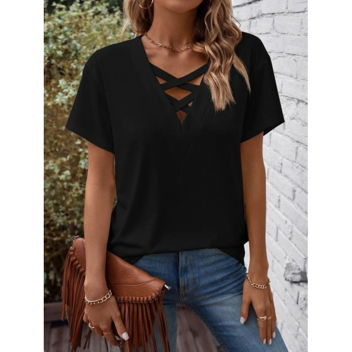 Kadın Kısa Kollu önden çapraz Detay V Yakalı Viskon Bluz