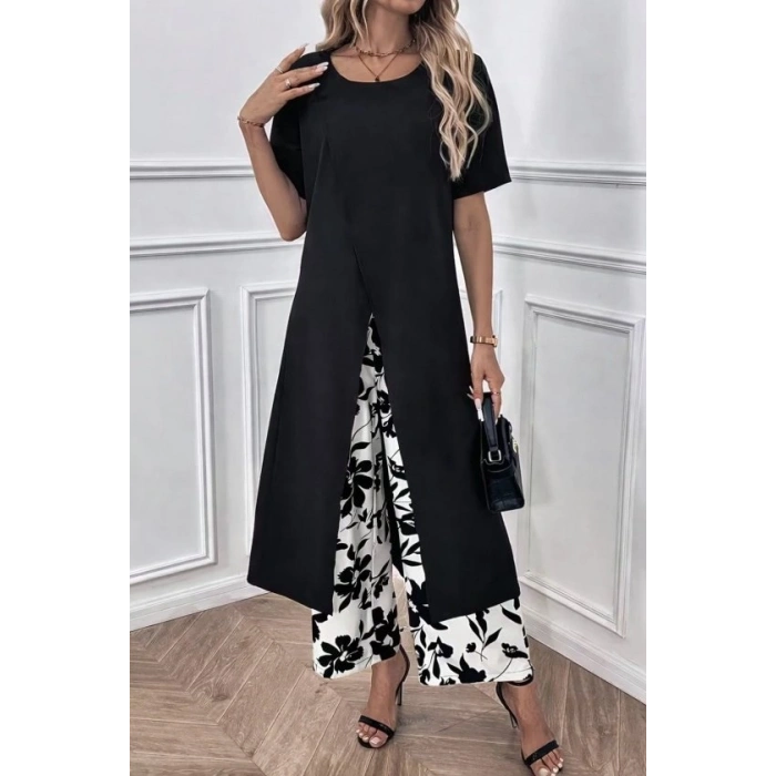 Kadın Kısa Kollu önden çapraz Detaylı Viskon Uzun Bluz Ve Desenli Iki Iplik Pantolon Ikili Takım