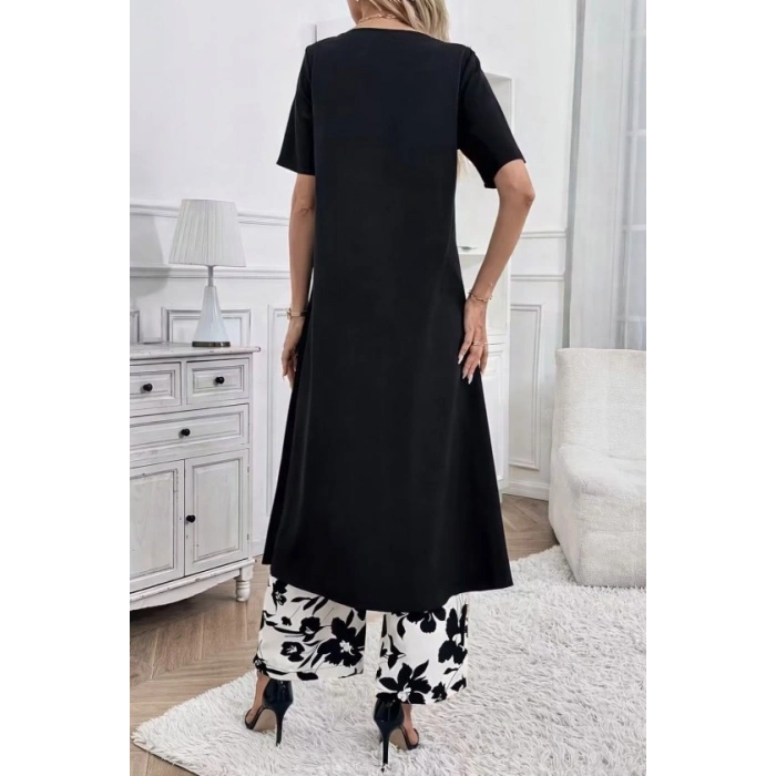 Kadın Kısa Kollu önden çapraz Detaylı Viskon Uzun Bluz Ve Desenli Iki Iplik Pantolon Ikili Takım