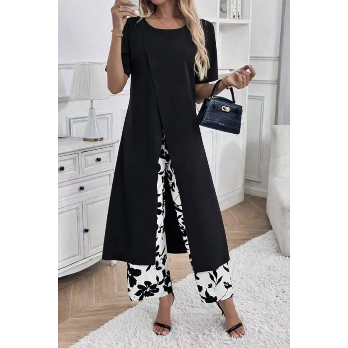 Kadın Kısa Kollu önden çapraz Detaylı Viskon Uzun Bluz Ve Desenli Iki Iplik Pantolon Ikili Takım