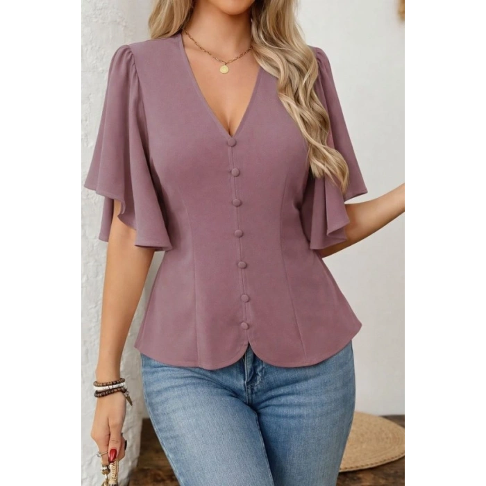 Kadın Kısa Kollu önden Düğmeli Ithal Krep Bluz