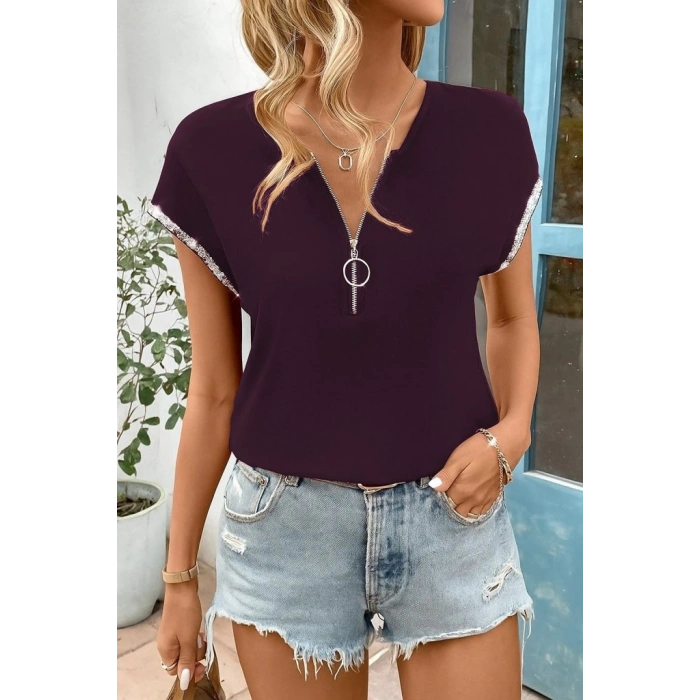 Kadın Kısa Kollu önden Fermuarlı Kol Ucu ışıltılı Viskon Bluz