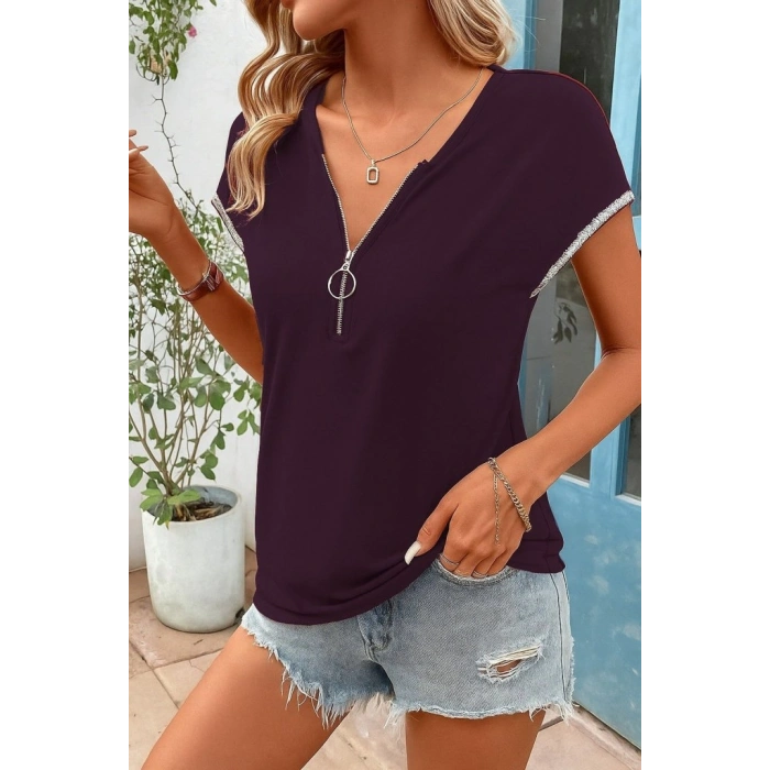 Kadın Kısa Kollu önden Fermuarlı Kol Ucu ışıltılı Viskon Bluz