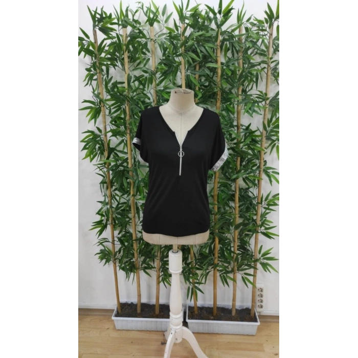 Kadın Kısa Kollu önden Fermuarlı Kol Ucu ışıltılı Viskon Bluz