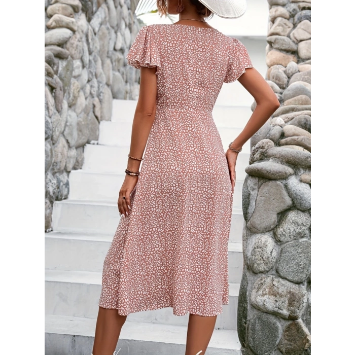 Kadın Kısa Kollu önü Düğmeli Volanlı Minik Leopar Desen Midi Viskon Elbise