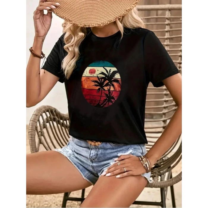 Kadın Kısa Kollu Palmiye Baskılı Viskon T-shirt