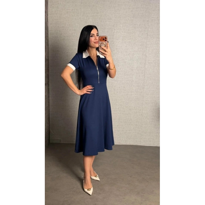 Kadın Kısa Kollu Ribana Ve Fermuar Detay Midi Boy Elbise