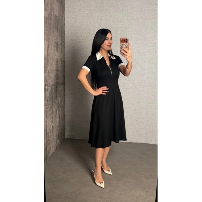 Kadın Kısa Kollu Ribana Ve Fermuar Detay Midi Boy Elbise