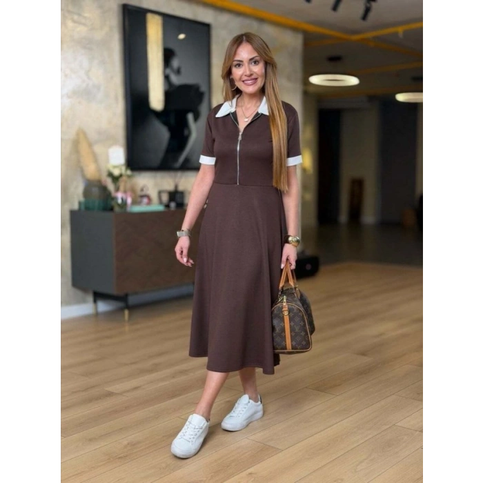 Kadın Kısa Kollu Ribana Ve Fermuar Detay Midi Boy Elbise