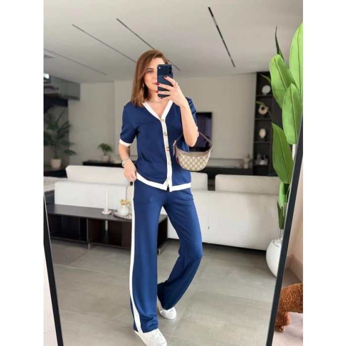 Kadın Kısa Kollu Ribana Ve Gold Düğme Detay Hırka Yanı şeritli Pantolon Ikili Takım