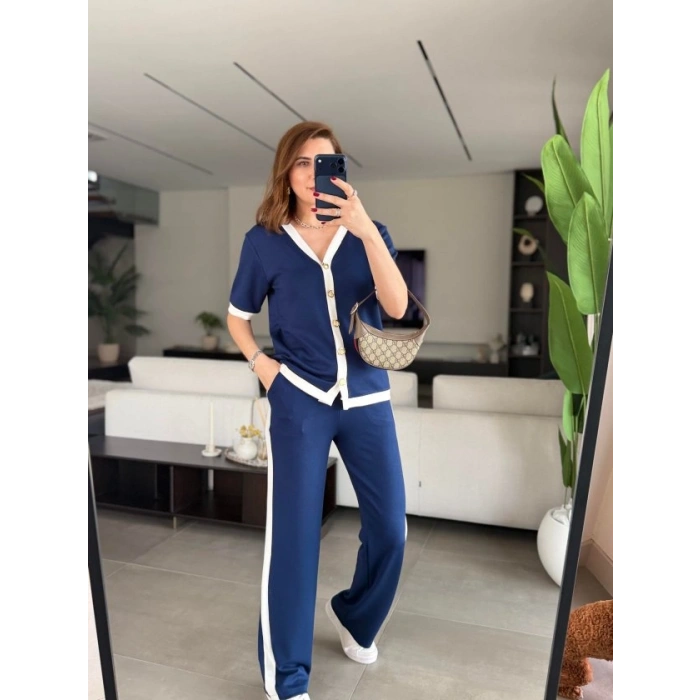 Kadın Kısa Kollu Ribana Ve Gold Düğme Detay Hırka Yanı şeritli Pantolon Ikili Takım